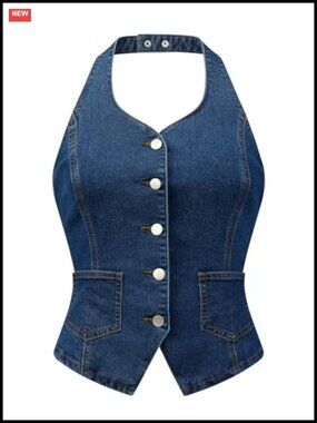 Women's Denim Vest Halter Neck Button Down Backless Jean Waistcoat
